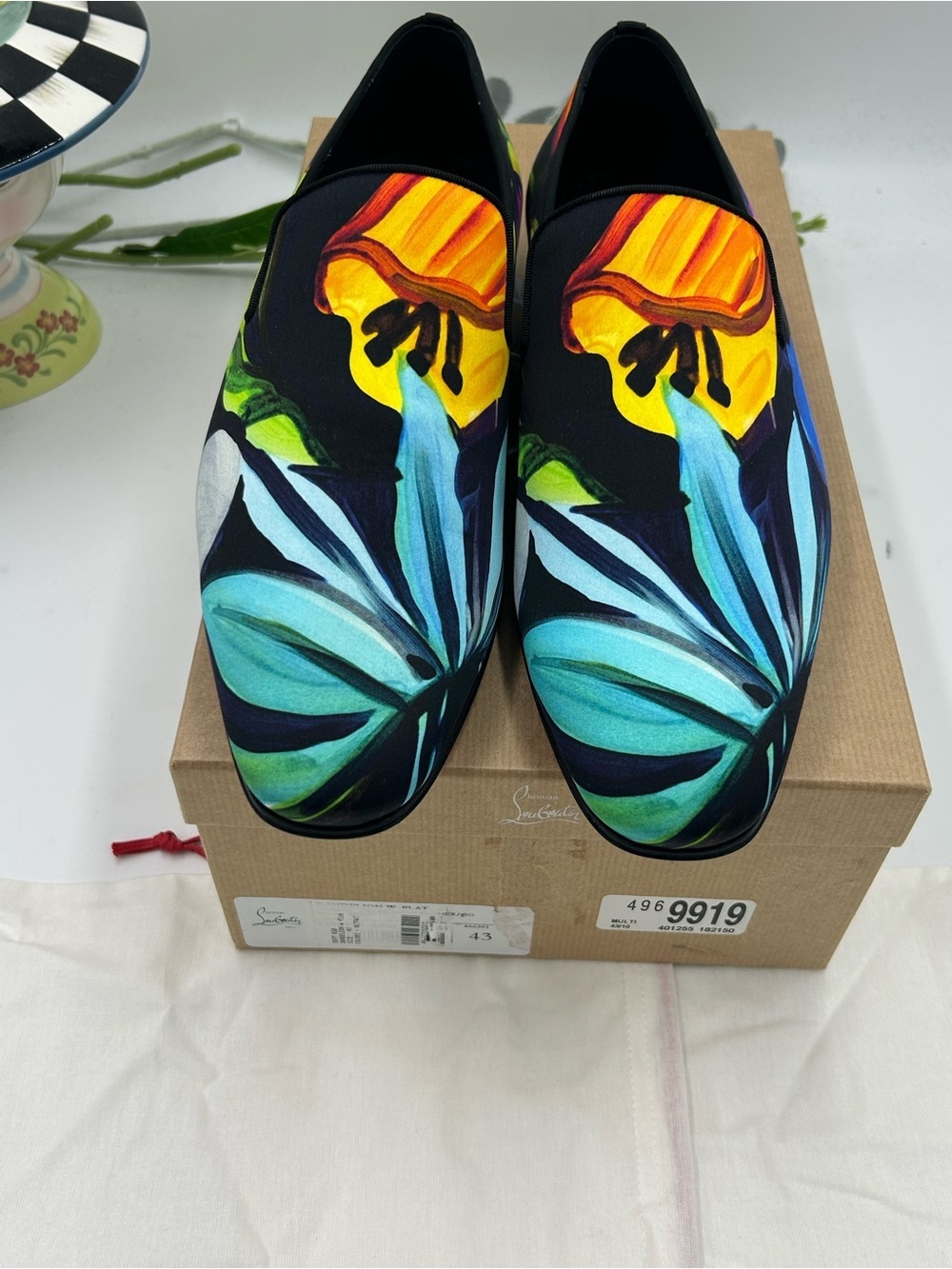 Men's Christian Louboutin floral print satin loafers size 43 made in Italy - Picture 10 of 11